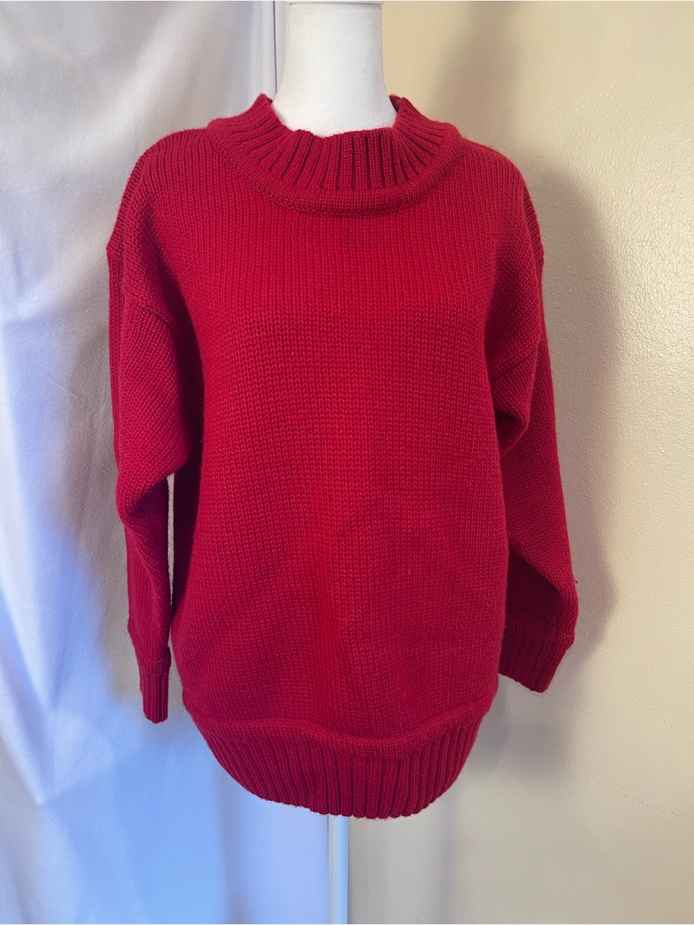 Vintage 80s GAP 100% Wool Knit Sweater M Red Oversized Mock Neck Normcore